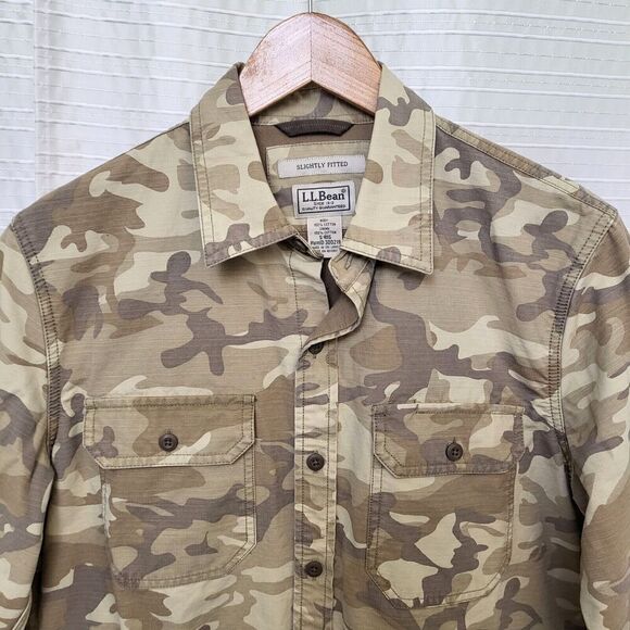 LL Bean Camo Shirt Jacket Mid-Heavy Weight Desert Tan Untucked Style Men's S - Picture 2 of 14